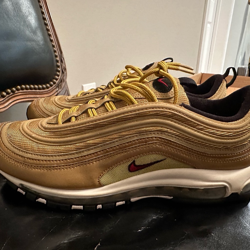 Nike Air Max 97 Quick Strike.Gold with red swoosh worn maybe 2-3 times looks new